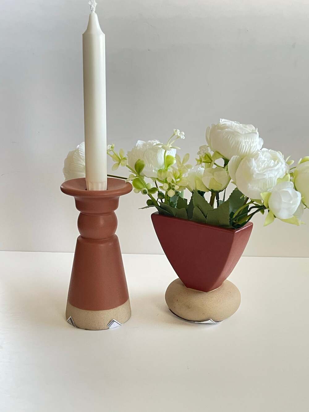 Set of 2 Dehua Contemporary Handmade Ceramic Vase & Candleholder